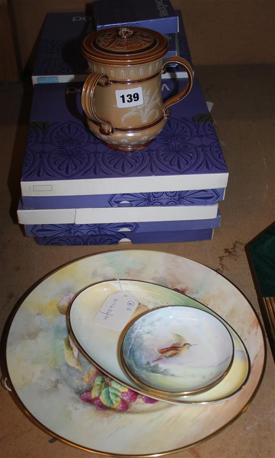 4 Minton cabinet plates, variously painted, Wedgwood Jasperware plates,  RW Parrot Tulip plate, Doulton tyg (a.f) etc